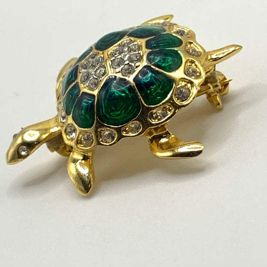Vintage Jennifer Moore Gold Tone Genuine Crystal & Green Enamel Turtle Brooch