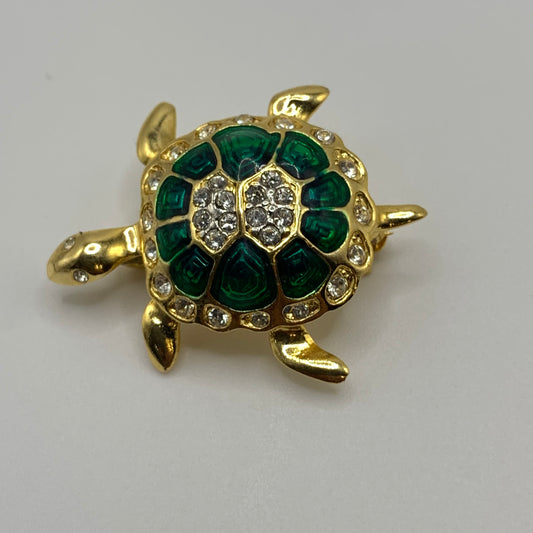 Vintage Jennifer Moore Gold Tone Genuine Crystal & Green Enamel Turtle Brooch