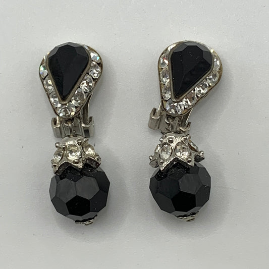 Vintage unsigned silver tone jet black glass and clear rhinestone dangle clip on earrings