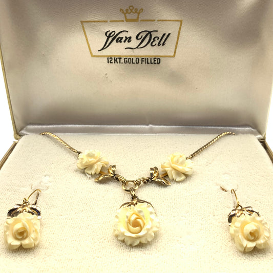 Van Dell 12 kt gold filled carved rose necklace & pierced earrings set