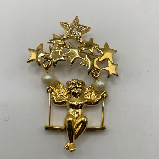 Vintage Cherub Angel Swinging Swing  Gold Tone brooch