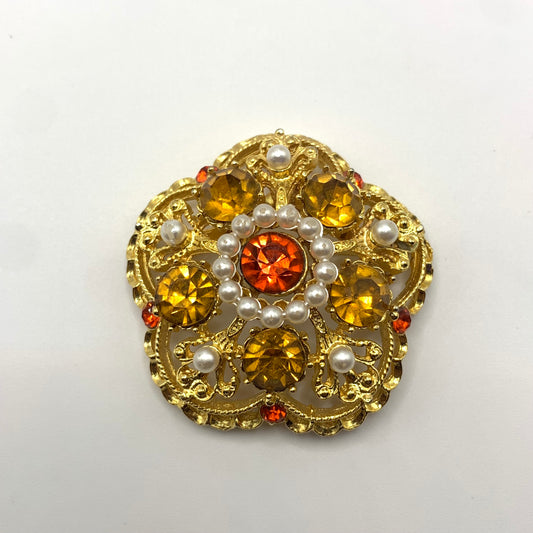 Vintage Signed Weiss Orange Rhinestones Faux Pearl Brooch Pin Gold Tone 1.75"