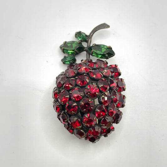 Vintage Unsigned Schreiner NY Strawberry Brooch Red Rhinestones 1950s Japanned