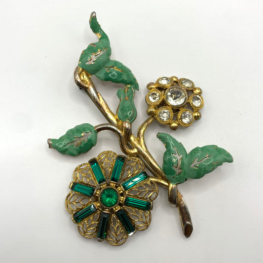 Antique 1920s 30s Pot Metal Gold Wash Green Enamel Green clear Rhinestone Brooch